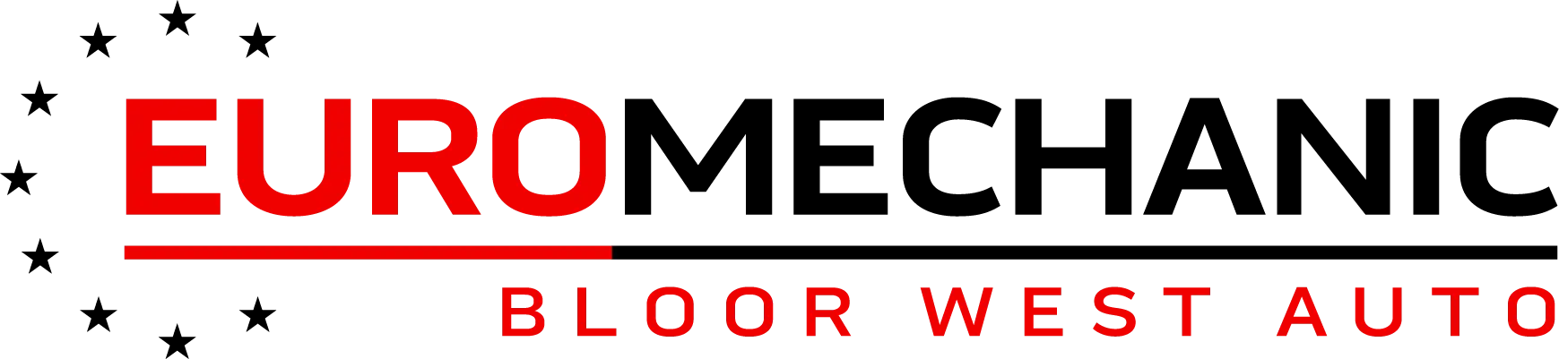 Logo with the text EUROMECHANIC in black and red, and BLOOR WEST AUTO beneath it in red. Seven black stars form a half-circle around the left side. Euro Mechanic | Bloor West Auto Repair Mechanics | Top Reviewed Auto Repair Shop in Mississauga | Visit bloorwestauto.ca
