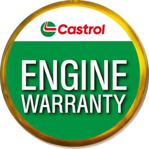 A circular badge with a gold border features the Castrol logo at the top. Below it, the text ENGINE WARRANTY is prominently displayed on a green background. Euro Mechanic | Bloor West Auto Repair Mechanics | Top Reviewed Auto Repair Shop in Mississauga | Visit bloorwestauto.ca