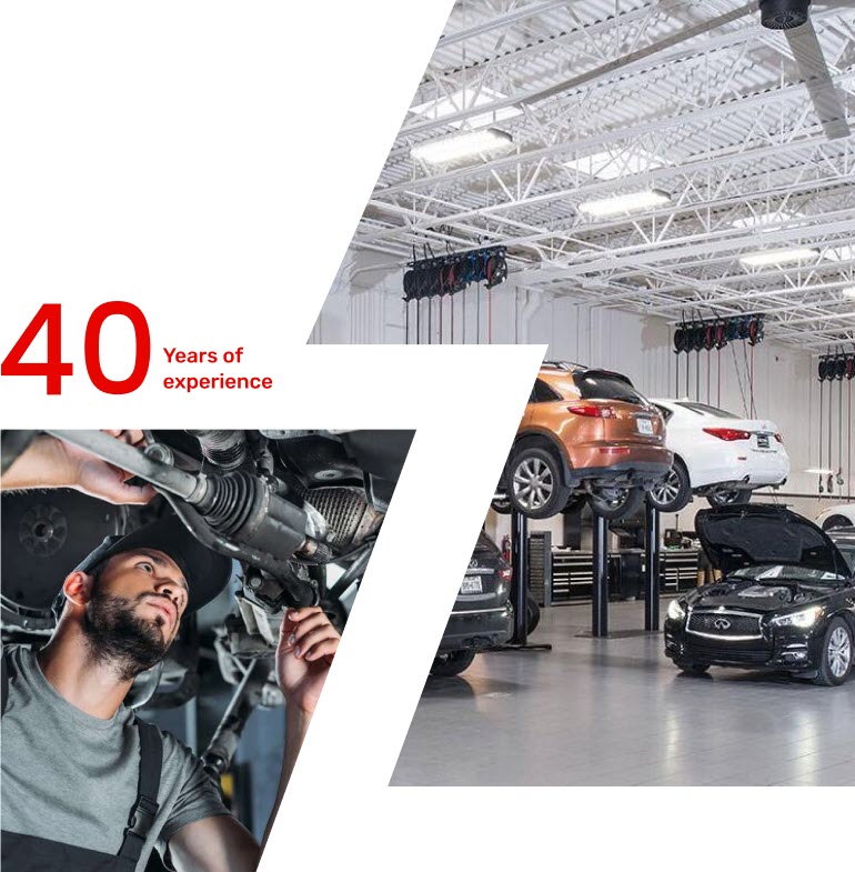 Mechanic working under a vehicle on a lift at Bloor West Auto. Adjacent, the service garage in Mississauga shows cars elevated for repair. Red text on the left reads 40 Years of experience. The ceiling features bright lights and automotive equipment. Euro Mechanic | Bloor West Auto Repair Mechanics | Top Reviewed Auto Repair Shop in Mississauga | Visit bloorwestauto.ca