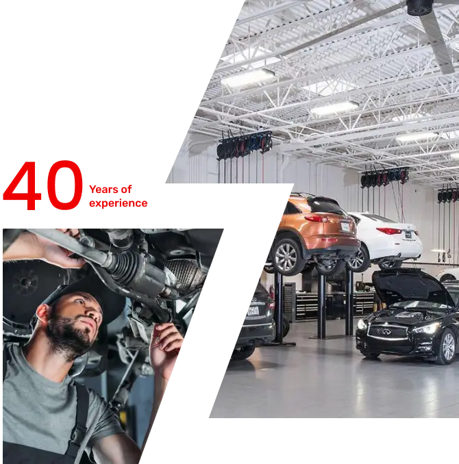 A mechanic in Mississauga examines a cars underside in a bustling garage. Nearby, cars are elevated on lifts in a brightly lit auto repair shop. Bold red text proudly announces 40 Years of Experience at Bloor West Auto Repair Mississauga. Euro Mechanic | Bloor West Auto Repair Mechanics | Top Reviewed Auto Repair Shop in Mississauga | Visit bloorwestauto.ca