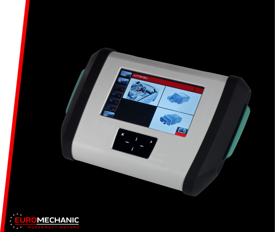 A digital device with a screen displaying an interface featuring icons and diagrams; ideal for Diagnostic Services Mississauga. The predominantly white device has black and teal accents, with technical diagrams visible and navigation buttons below. Logo: Euromechanic McDermott Motors. Euro Mechanic | Bloor West Auto Repair Mechanics | Top Reviewed Auto Repair Shop in Mississauga | Visit bloorwestauto.ca