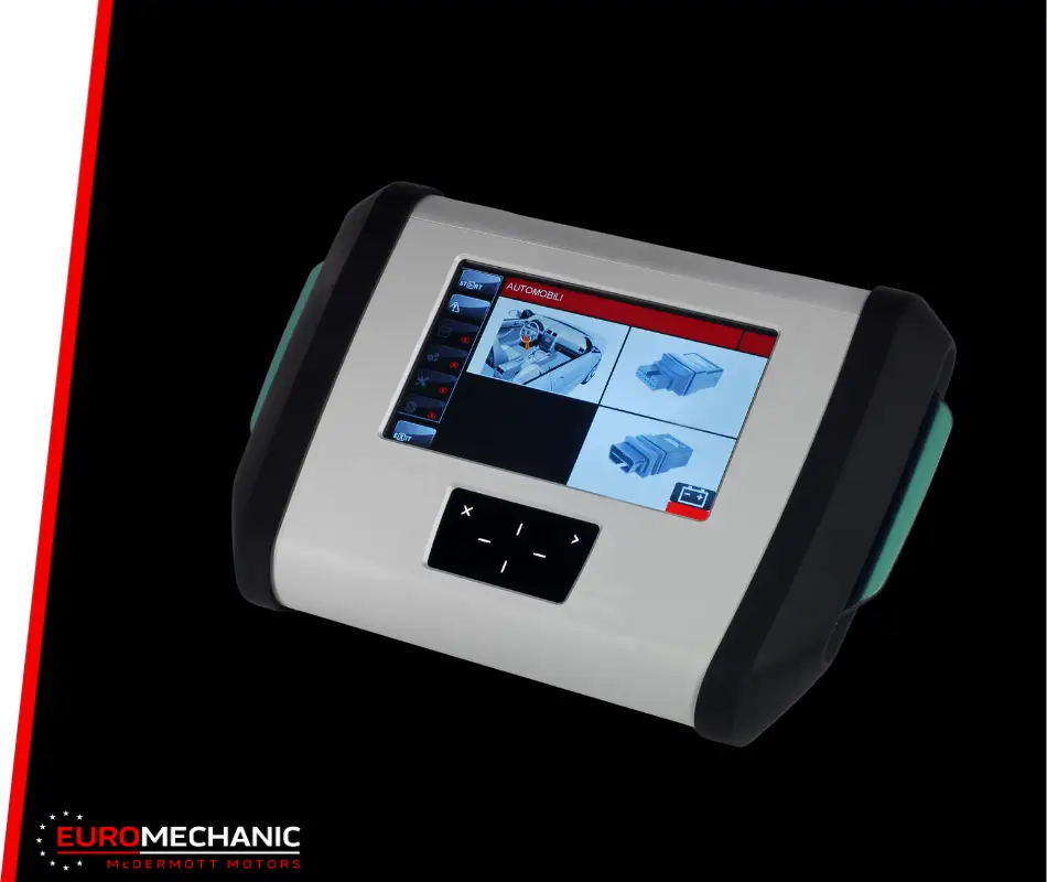 A digital device with a screen displaying an interface featuring icons and diagrams; ideal for Diagnostic Services Mississauga. The predominantly white device has black and teal accents, with technical diagrams visible and navigation buttons below. Logo: Euromechanic McDermott Motors. Euro Mechanic | Bloor West Auto Repair Mechanics | Top Reviewed Auto Repair Shop in Mississauga | Visit bloorwestauto.ca