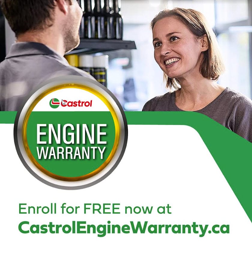 A woman smiles while chatting with a man in a store. Below, a circular badge reads Castrol Engine Warranty, urging enrollment at CastrolEngineWarranty.ca. Behind them, shelves are lined with bottles. Discover the Castrol Engine Warranty Program Mississauga today!. Euro Mechanic | Bloor West Auto Repair Mechanics | Top Reviewed Auto Repair Shop in Mississauga | Visit bloorwestauto.ca