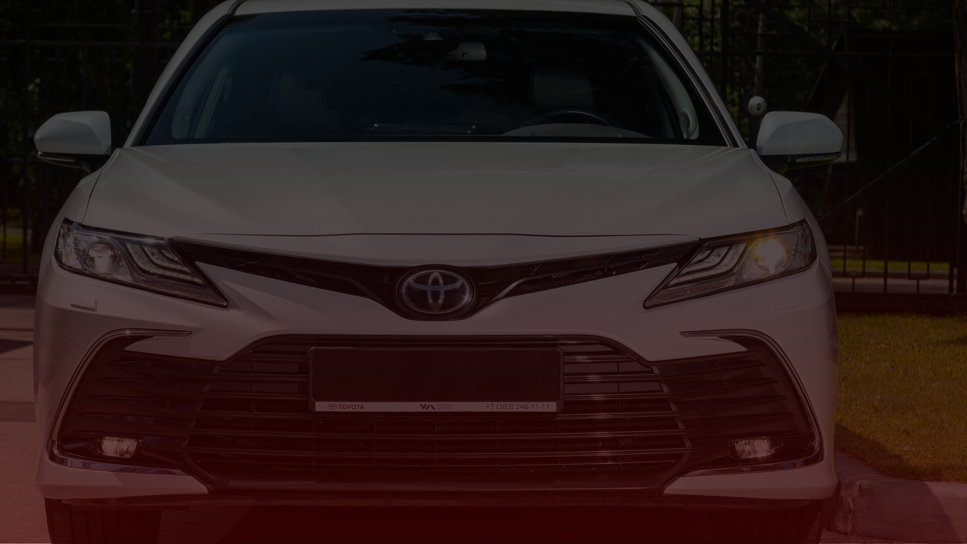 A white Toyota sedan with its headlights on is parked, showcasing a prominent front grille and emblem. In the backdrop of a fence and greenery, this scene subtly suggests the fine craftsmanship synonymous with Toyota Repair Mississauga. Euro Mechanic | Bloor West Auto Repair Mechanics | Top Reviewed Auto Repair Shop in Mississauga | Visit bloorwestauto.ca