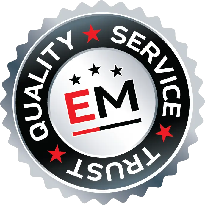A circular badge with a metallic silver border and black ring featuring QUALITY, TRUST, and SERVICE with red stars. The center shows EM in black and red—perfect for representing Bloor West Auto, your trusted Auto Repair Mississauga shop. EuroMechanic - Bloor West Auto | Top Reviewed Auto Repair Shop in Mississauga | Visit EuroMechanic - Bloor West Auto